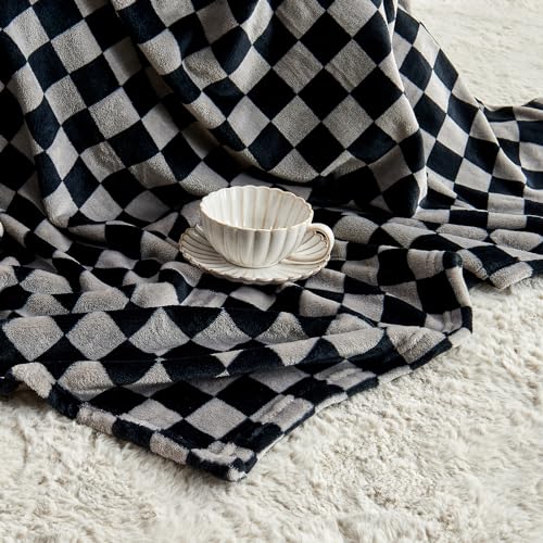 Checkered Flannel Fleece Throw Blanket 50x60 Black Grey Cozy Bed Couch
