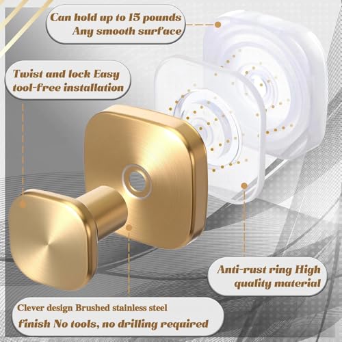 15lbs Suction Hooks - 6 Pack No Drill Stainless Steel Bathroom Hooks