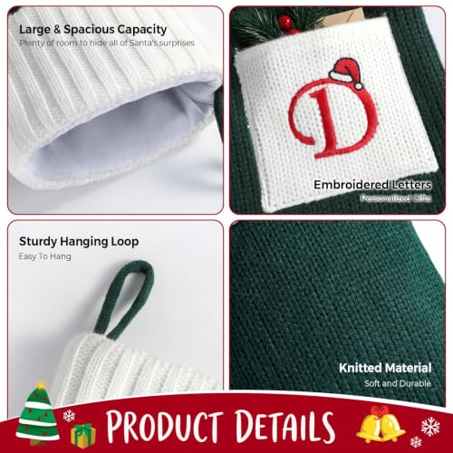 Christmas Stockings with Initials 19 Inches Green & White Knit with Greeting Card - Letter D Variation