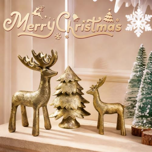 Christmas Reindeer & Tree Figurines Set of 3 - Gold Resin Holiday Decor - Variation of Reindeer & Tree