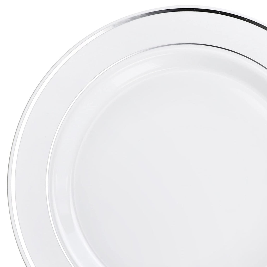 OCCASIONS 40 Piece Disposable Plastic Charger Plates 12 Inch Heavyweight Chargers for Dinner Plates, Wedding, Party, Bulk Table Setting – Premium White & Silver Rim Collection