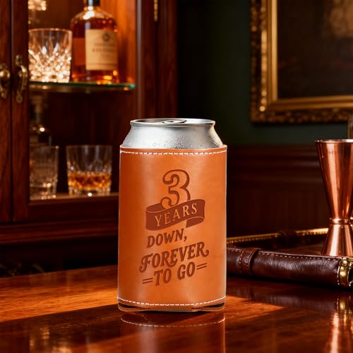Leather Can Cooler - 3rd Anniversary Gift for Him, 3 Years Down