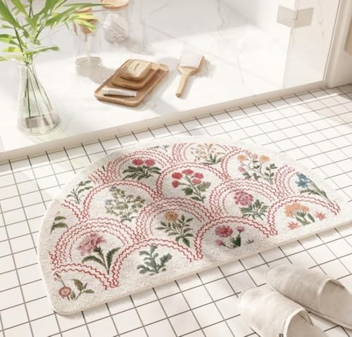 Spring Floral Bathroom Rug 32" x 20" - Soft Boho Bath Mat (Semicircular, Red)