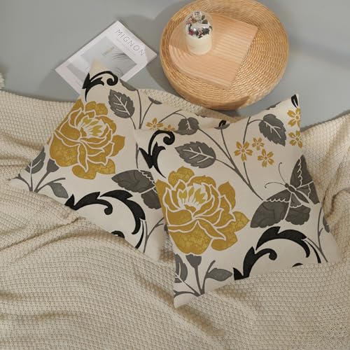 Mustard Yellow Vintage Floral Throw Pillow Covers 22x22" - 2 Pcs