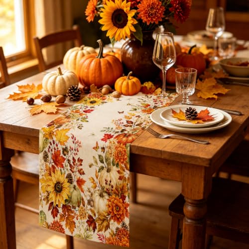 Fall Table Runner 13x72 in - Pumpkin & Maple Autumn Decor