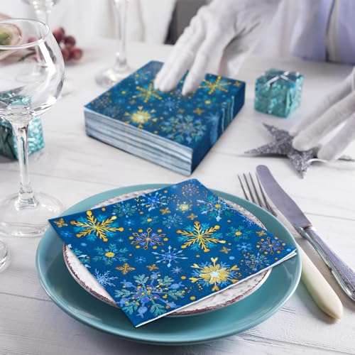 Winter Snowflake Paper Napkins - Blue Gold Xmas Disposable Napkins 6.5 x 6.5 Inch, 80 Pack