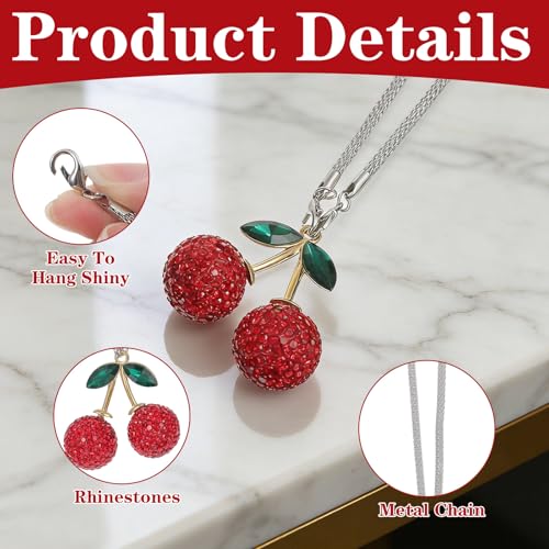 JJUNW Crystal Cherry Car Hanging Ornament - Bling Rearview Mirror Charm