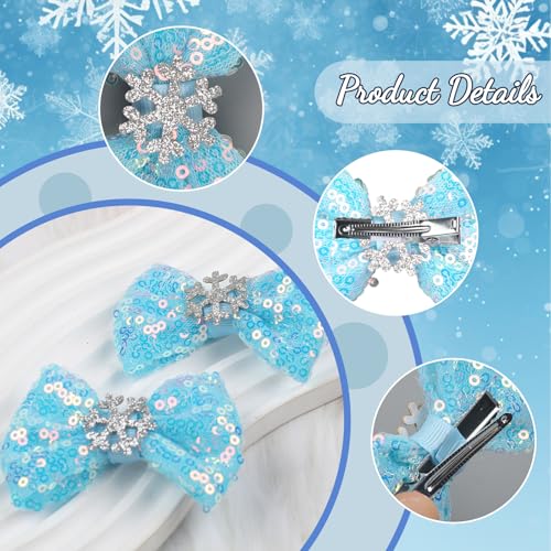 Blue Glitter Snowflake Hair Bow Clips Christmas Winter Barrettes 2Pcs