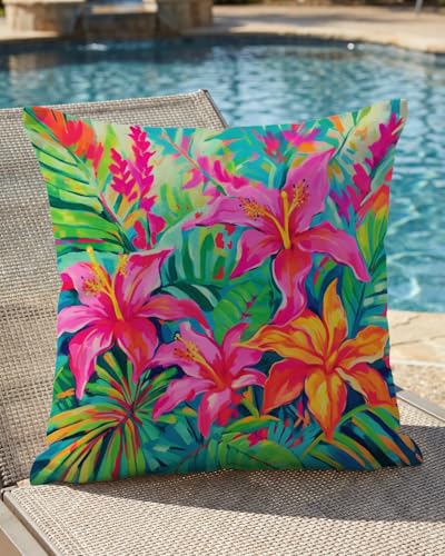 Pink Orange Tropical Pillow Cover 18x18 - Hibiscus Floral Cushion
