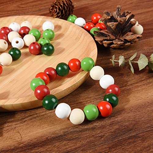 Christmas Wooden Beads 240 Pack - Natural, Red, Green & White Craft Beads for DIY Decorations