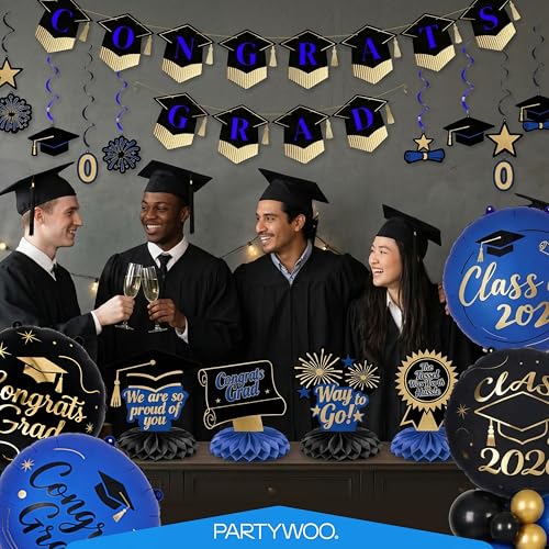 Graduation Decorations Class of 2026 - 19-Piece Black Gold Blue Set