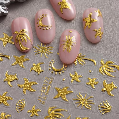 5D Embossed Ocean Nail Art Stickers Rose Gold Beach Sea Life Decals 2 Sheets