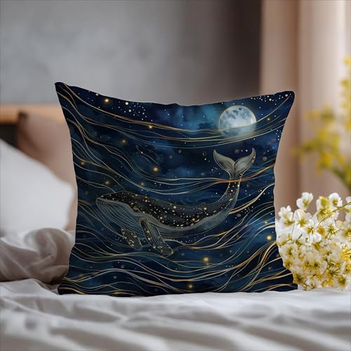 Navy Blue Whale and Moon Pillow Cover 18x18 - Cozy Flannelette Decor