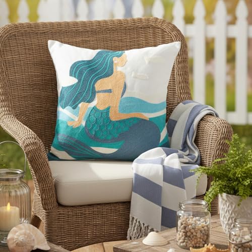 Mermaid Pillow Cover for Girls - 18x18 Inch Coastal Decor