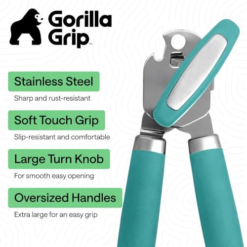 Gorilla Grip Turquoise Upgraded Stainless Steel Can Opener - Heavy Duty, Soft Grip, Easy Turn Knob