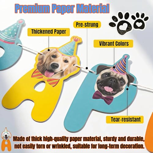 Dog Birthday Banner with 13 Adorable Faces & Paw Prints