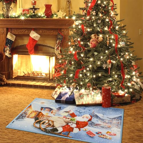 Deerhoo Christmas Santa Claus Doormat, Non-Slip Entryway Rug, 2' x 3' Blue
