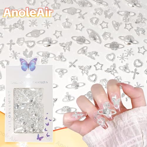 110 Pcs Silver Nail Art Charms Set - Cross, Star & Butterfly Designs