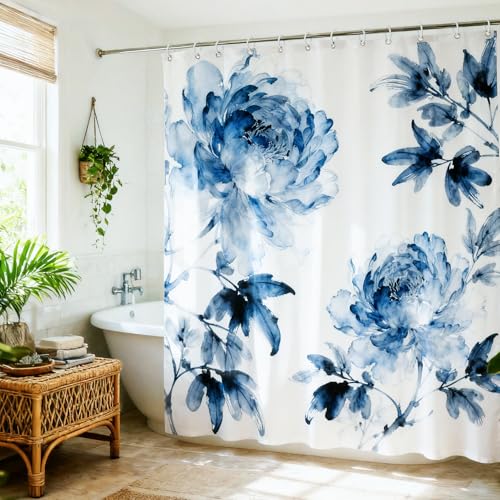 KLYOHAUS Watercolor Floral Shower Curtain, Blue-Gray Bohemian 72x72 Inch