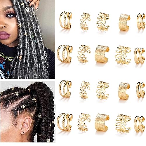 20 PCS Gold Hair Jewelry for Braids with Crystal Rhinestone Dreadlock Cuffs