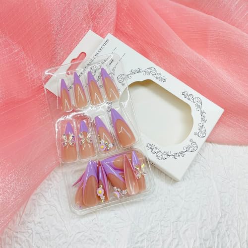 Long Stiletto Press on Nails 3D Bow Flower French Tip Fake Nails