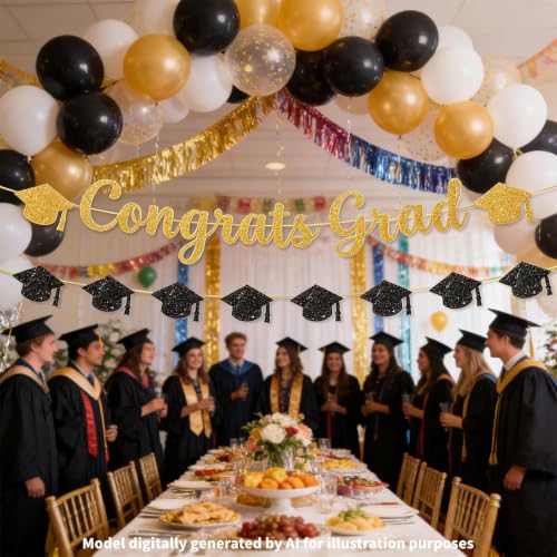 2026 Graduation Banner Set - Black & Gold Glitter Decor