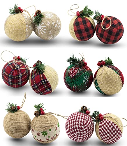 Red Burlap Christmas Hanging Ornaments Farmhouse Rustic Holiday Decor Set 12