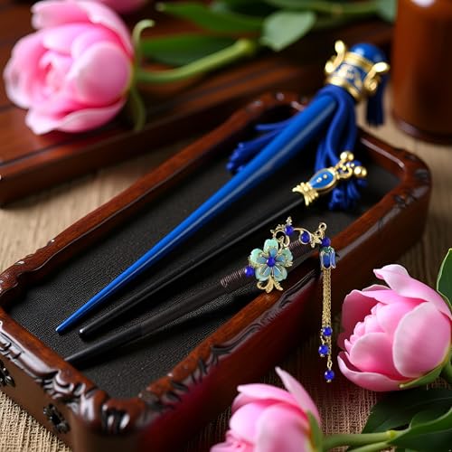Blue Wooden Hair Stick Vintage Tassel Floral Hairpin for Updos Hanfu