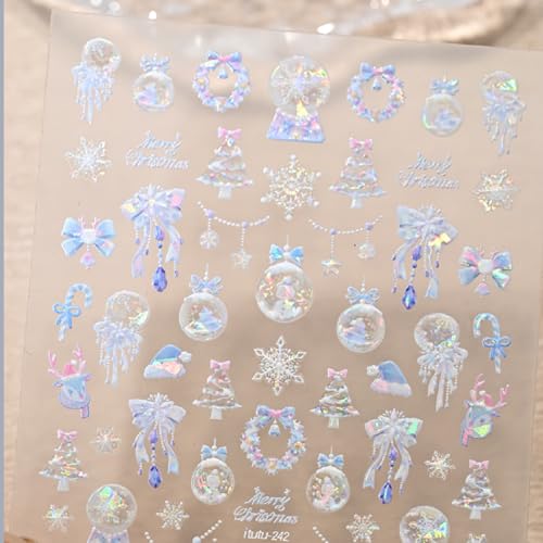 GeeSey Christmas 5D Embossed Nail Stickers Pink Blue Holiday Decals