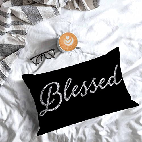 Mugod 20x30 Inch White Throw Pillow Cover with Blessed Text - Rectangular Lumbar Cushion for Sofa & Home Decor, Pack of 1
