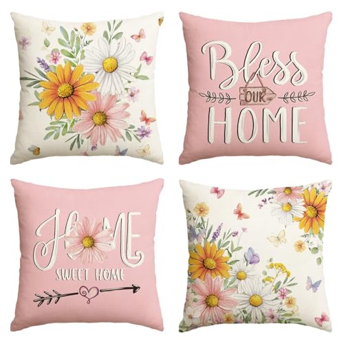 AVOIN colorlife Daisy Butterfly Throw Pillow Covers, 18x18 Pink, Set of 4