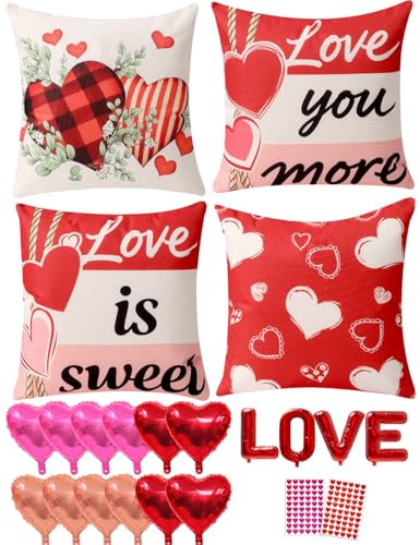 Valentine's Day Throw Pillow Covers 20x20 Set of 4 with Decor Kit