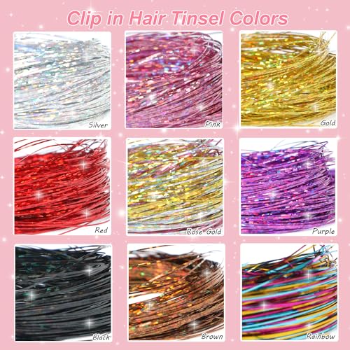 USHUIUS Clip-In Hair Tinsel 18 Pcs 20 Inch Heat-Resistant Pink Glitter Fairy Hair Extensions