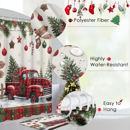 ArtSocket Christmas Bathroom Set with Shower Curtain and Rugs - Truck Red