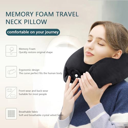 Black Memory Foam Neck Pillow for Travel & Airplane Comfort