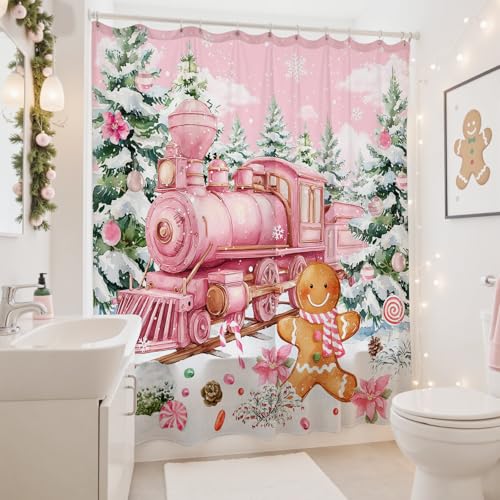 Christmas Shower Curtain - Gingerbread Train Design, 71x71in