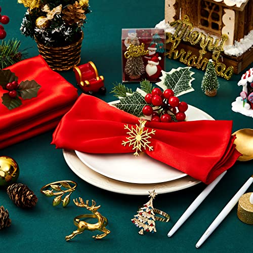Christmas Cloth Napkins with Gold Elk & Snowflake Rings Set - Holiday Table Decor
