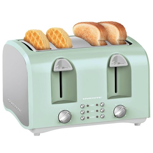 OVENTE Electric 4-Slice Toaster Machine with 6-Shade Selector Setting, Cancel Button, Defrost Function, Crumb Tray, 1400W Power and Wide Slots for Bagels, Waffles and Puff Pastry, Light Blue TS4410LBL