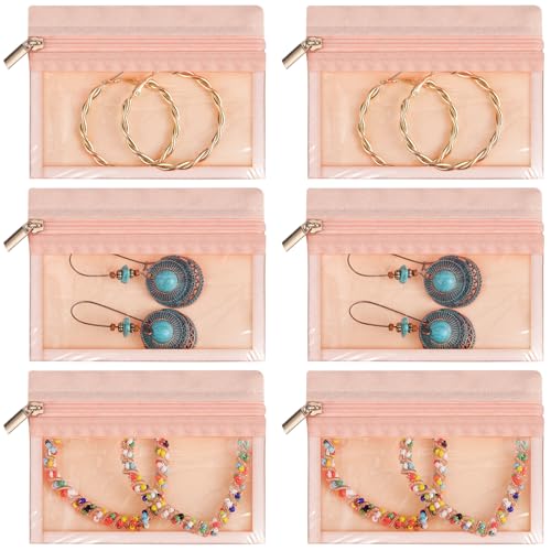 6 Pcs Velvet Travel Jewelry Bags Clear Portable Pouches Pink