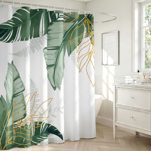 Tropical Palm Leaf Shower Curtain, Green Gold Monstera, 72x72 Inch