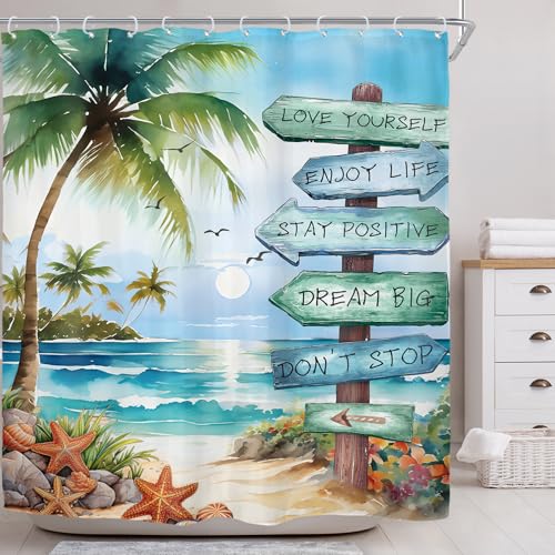 Riyidecor Tropical Palm Tree Shower Curtain 72x72 Inches with 12 Hooks - Coastal Beach Nautical Design Waterproof Fabric