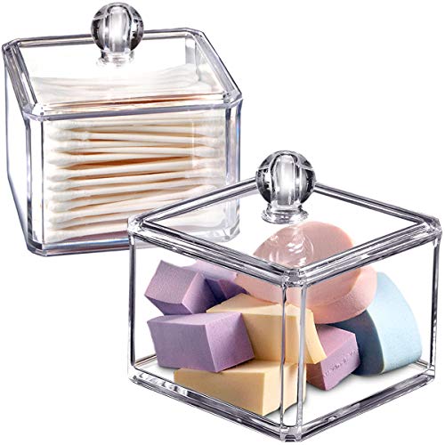 SheeChung Square Acrylic Qtip Holder 2 Pack - Transparent Canisters