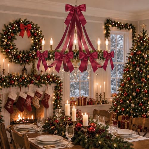 Christmas Chandelier Bow Decorations Set - Burgundy Satin Cascade
