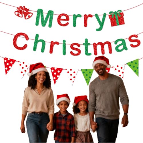 Christmas Banner with Glitter Letters - Red, Green, White Holiday Decor for Classroom & Party