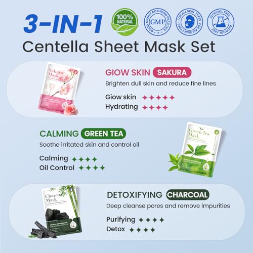 Liyawudo Hydrating Face Mask Set 9-Pack Sheet Masks with Green Tea, Sakura & Charcoal