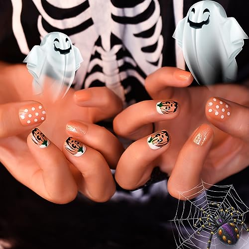 LINSSQ Halloween Short Squoval Press On Nails Witchy Orange Fake Nails