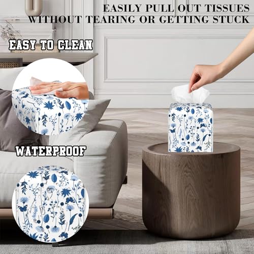 Blue Botanical Square Tissue Box Cover - Leather Holder for Home & Office