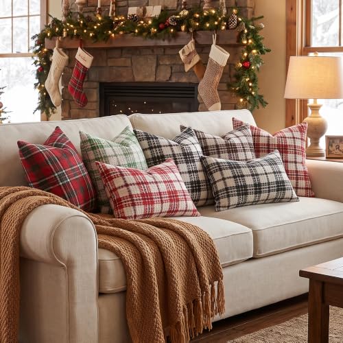 Red Plaid Waffle Textured Christmas Pillow Covers 22x22 - Pack of 2