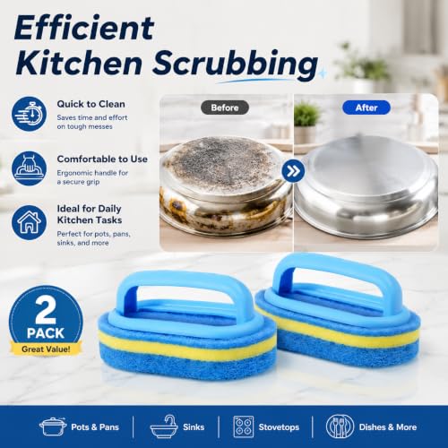 Dual-Layer Sponge Scrubbing Brush with Handle - 2 Pack