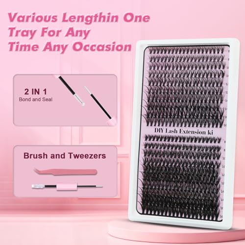 Gosect DIY Lash Extension Kit with 400pcs Cluster Lashes, Bond, Seal, and Tweezers
